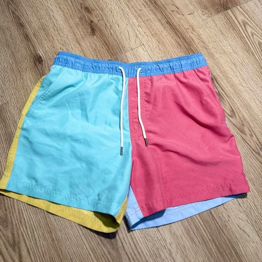 American Eagle Swim Trunks Mens Medium Colorblock Pink Blue Yellow Board Shorts